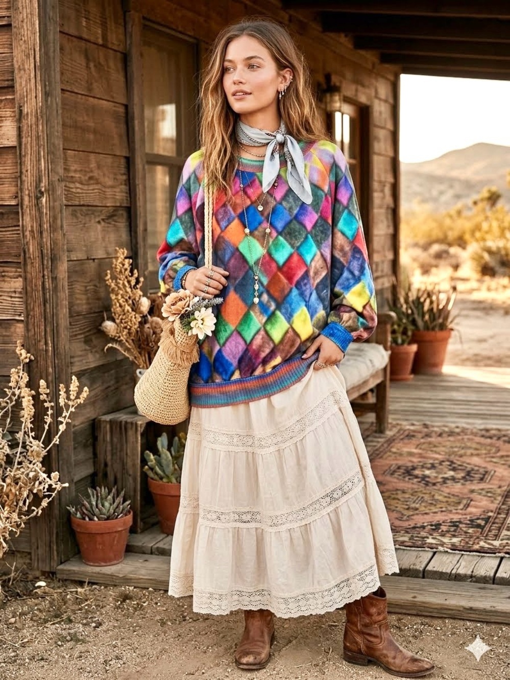 BNWOT Diamond multicoloured print summer boho sweater/dress w cottagecore vibe - Picture 2 of 14
